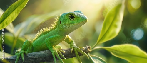 A green lizard sitting on top of a tree branch