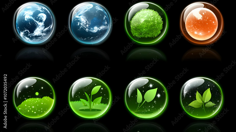 Glossy Green and Blue Spheres with Earth, Grass, and Leaves on a Black Background Glossy Green and Blue Spheres with Earth, Grass, and Leaves on a Black Background