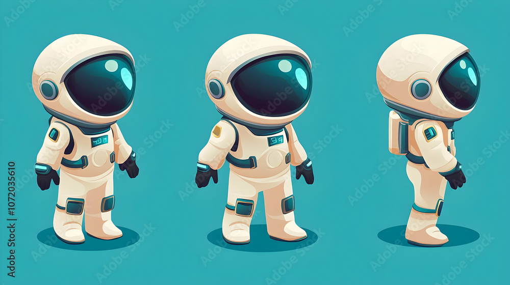 Fototapeta premium Cartoon Astronaut Character Illustration in Three Poses on Blue Background