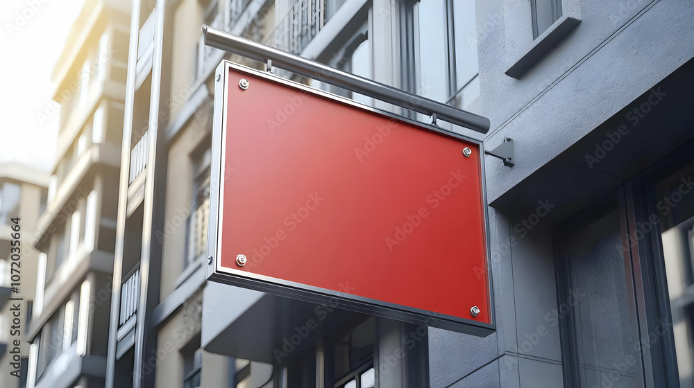 Fototapeta premium Red Blank Signboard Attached to a Grey Building for Branding and Advertisement