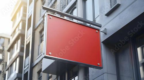 Red Blank Signboard Attached to a Grey Building for Branding and Advertisement photo