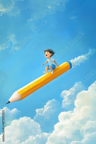 Child riding large pencil as flying vehicle, bright sky, adventurous joy