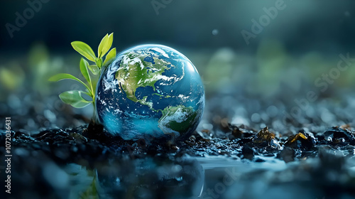 Fototapeta Naklejka Na Ścianę i Meble -  A Miniature Earth Globe with a Small Plant Sprouting from the Ground, Reflecting in a Puddle of Water