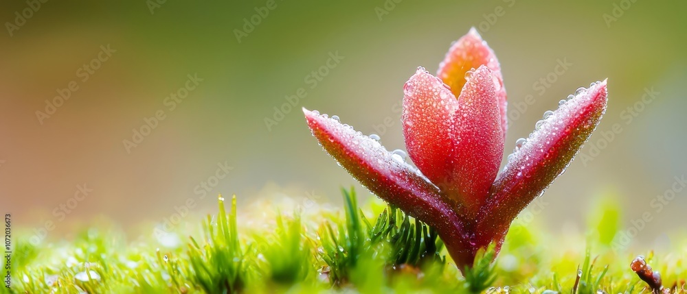 A small red flower with water droplets on it A small red flower with water droplets on it