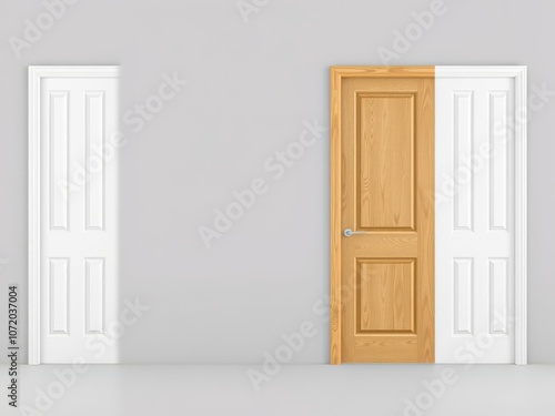 White wooden modern interior doors in various open and closed positions isolated on white background, background, set, modern photo