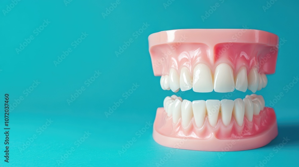 Obraz premium Close-Up Human Teeth Model on Solid Blue Background for Dental Education