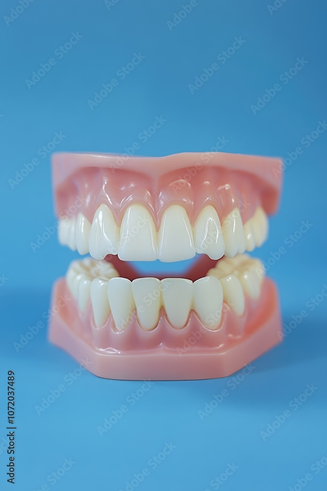 Close-Up Human Teeth Model on Solid Blue Background for Dental Education Close-Up Human Teeth Model on Solid Blue Background for Dental Education