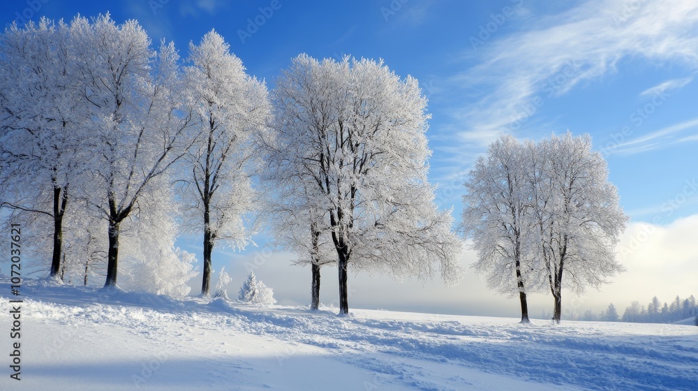 Snowy field with frosted trees and bright blue sky Snowy field with frosted trees and bright blue sky