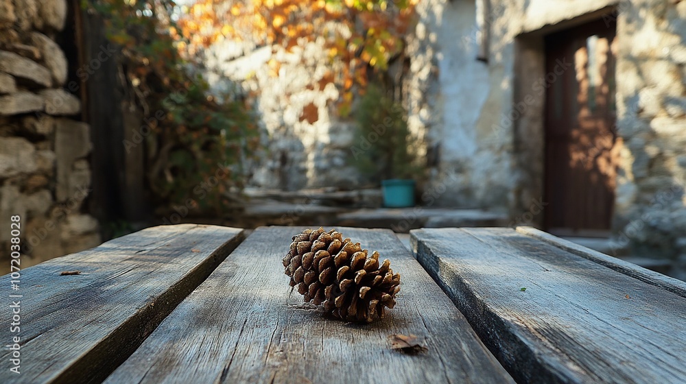 A pinecone on a wooden table, in a courtyard of a village house A pinecone on a wooden table, in a courtyard of a village house