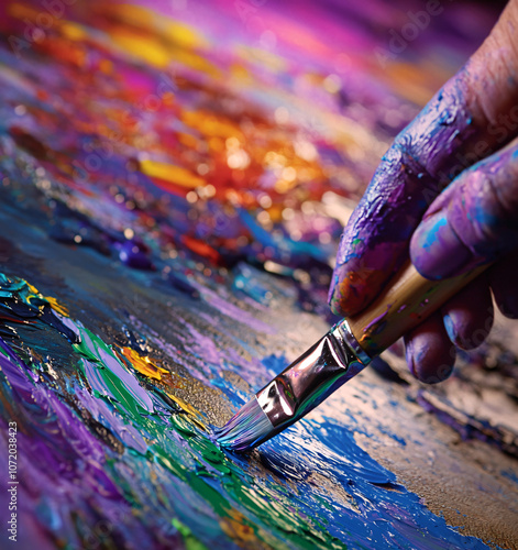 Artist applies vibrant colors to canvas