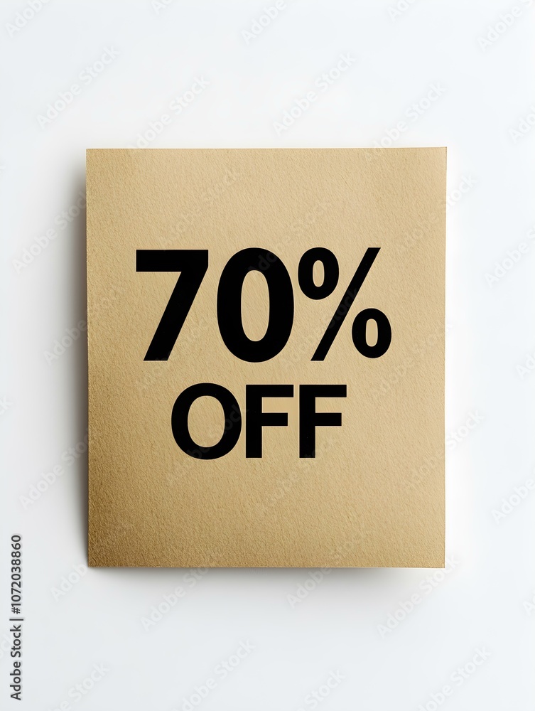 Black '70% OFF' Text on a Khaki Square Paper Note. White Background Black '70% OFF' Text on a Khaki Square Paper Note. White Background