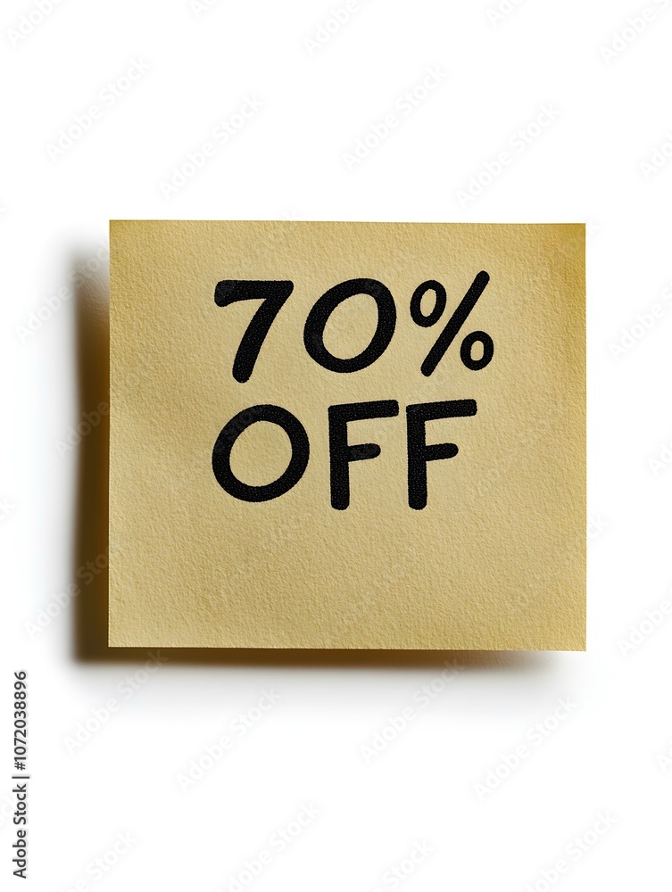 Black '70% OFF' Text on a Khaki Square Paper Note. White Background Black '70% OFF' Text on a Khaki Square Paper Note. White Background