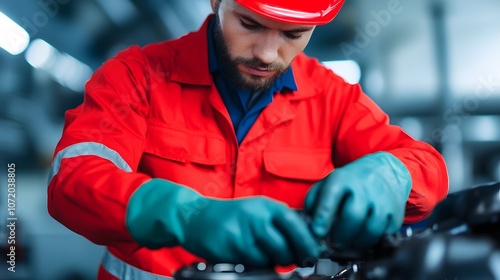 Red clad technician or mechanic carefully repairing or servicing industrial machinery equipment or tools in a workshop or manufacturing setting photo