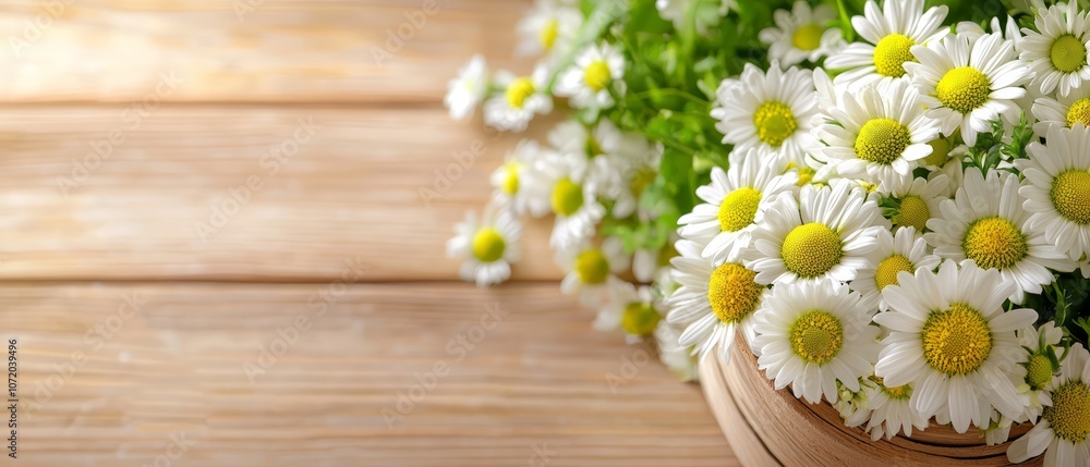 Obraz premium A bunch of white daisies in a wooden bowl on a table