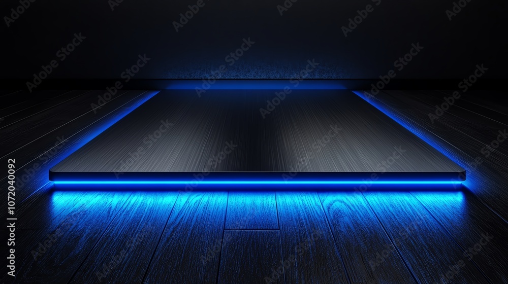 A sleek, illuminated platform with blue lighting against a dark background. A sleek, illuminated platform with blue lighting against a dark background.
