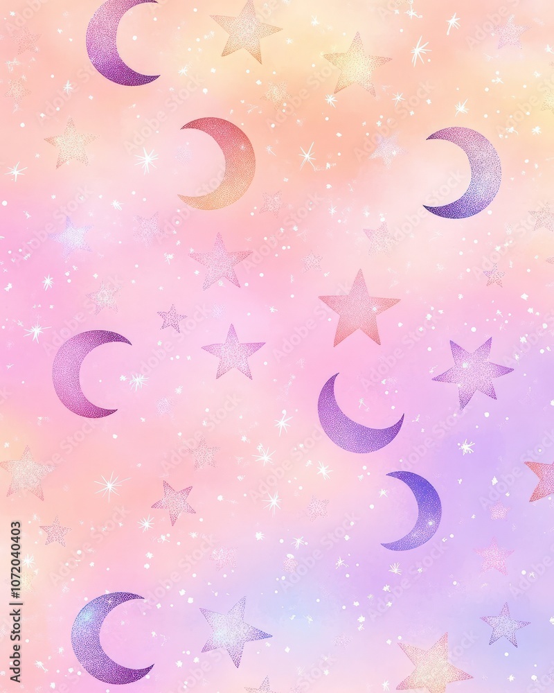 Fototapeta premium A chic seamless pattern with holographic stars and moons scattered on a soft pastel background, offering a dreamy, ethereal vibe for accessories, kids' products, or stationery