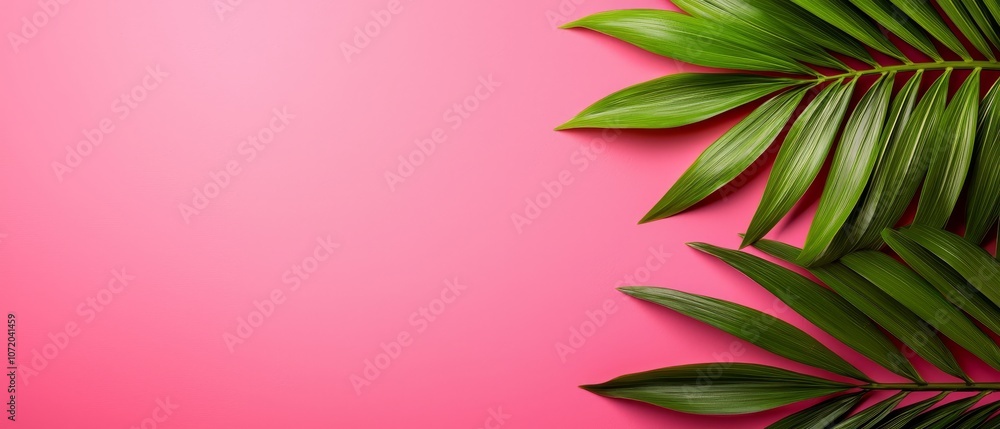 A green palm leaf on a pink background A green palm leaf on a pink background