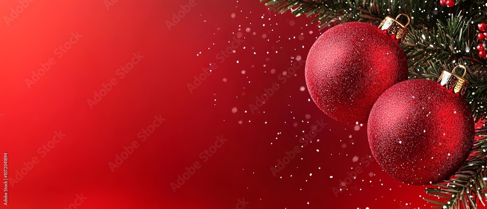 two red christmas ornaments hanging from a christmas tree two red christmas ornaments hanging from a christmas tree