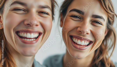 Double exposure of laughing people with great teeth and smiling blured faces. Healthy beautiful smiles. Teeth health, whitening, prosthetics and care. Positive expressions isolated with white highli