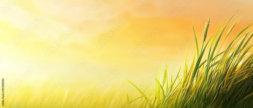 A field of green grass with a yellow sky in the background A field of green grass with a yellow sky in the background