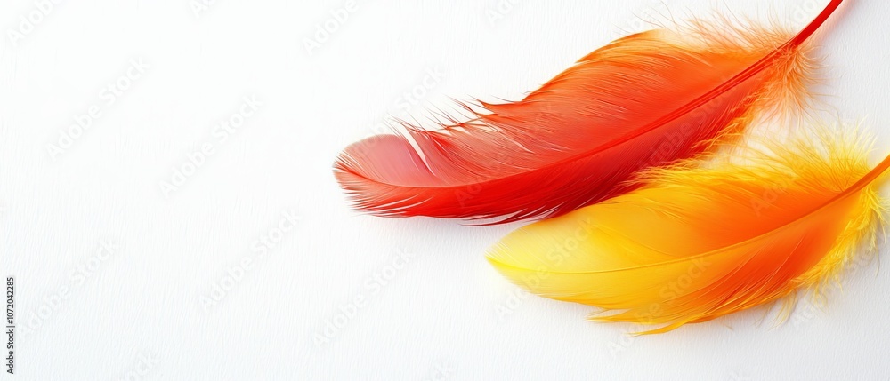 A pair of red and yellow feathers on a white surface A pair of red and yellow feathers on a white surface