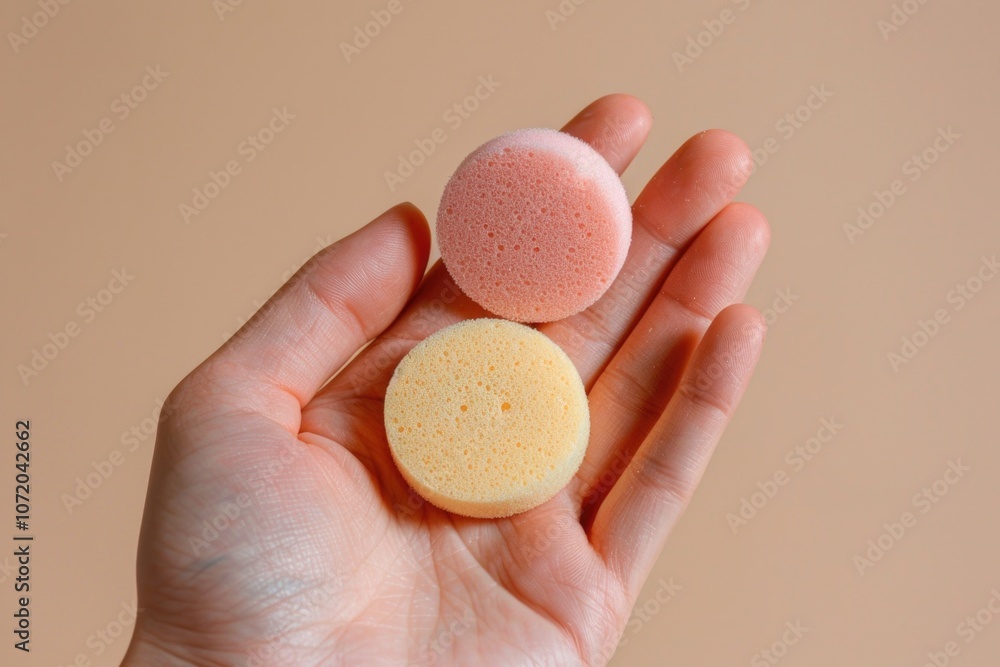 A person holding two sponges in their hands, with a plain background A person holding two sponges in their hands, with a plain background