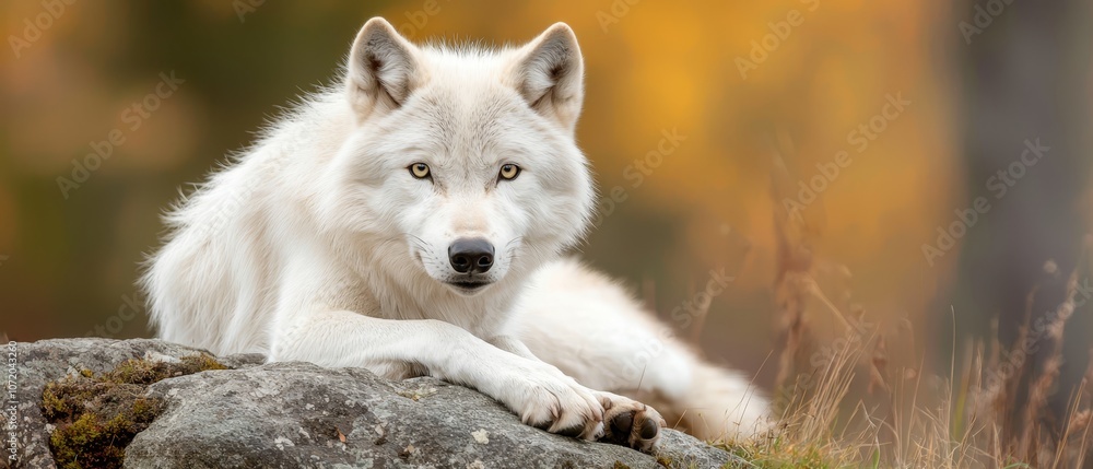 A white wolf laying on top of a rock A white wolf laying on top of a rock