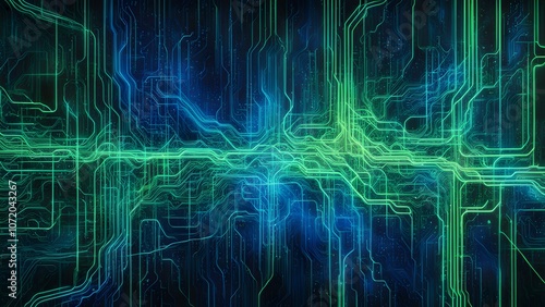 Abstract digital circuit design with blue and green lines representing technology and connectivity.