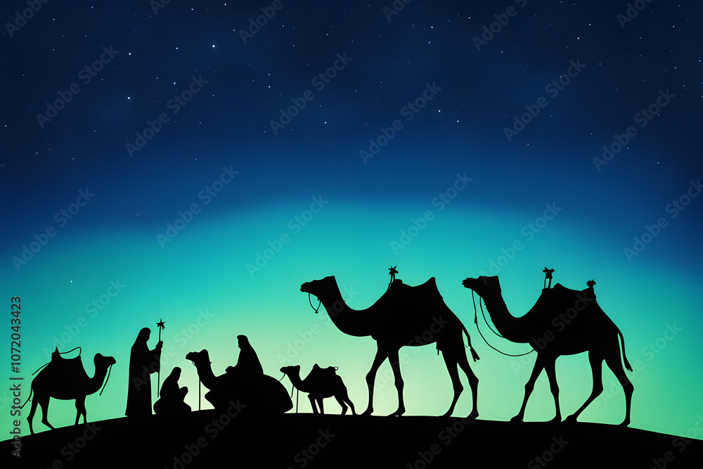Silhouette of the nativity with angels under a cool blue and green aurora lit sky with bright star, Ai Generated