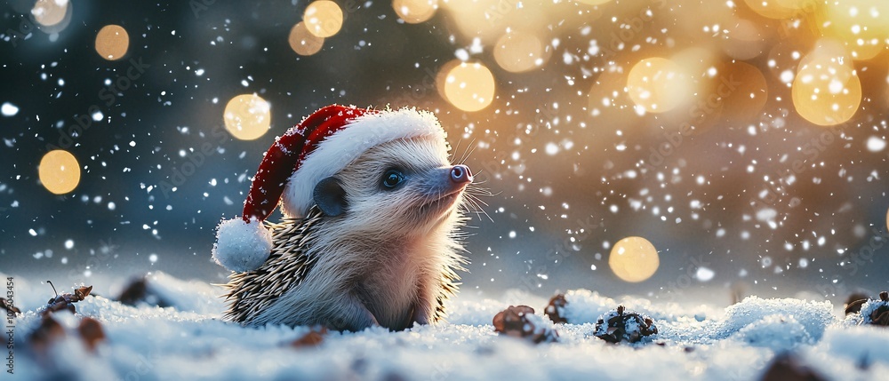 A charming hedgehog wearing a festive Santa hat sits in a snowy landscape, surrounded by twinkling lights and soft snowfall, capturing a wintry scene. A charming hedgehog wearing a festive Santa hat sits in a snowy landscape, surrounded by twinkling lights and soft snowfall, capturing a wintry scene.