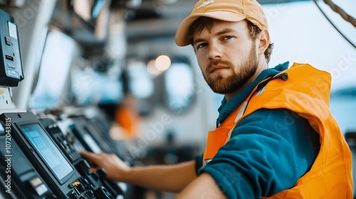 Mature Bearded Caucasian Male Technician Wearing Orange Reflective Vest and Hard Hat Repairing or Inspecting Industrial Manufacturing Equipment or Machinery in a Workshop or Factory Setting