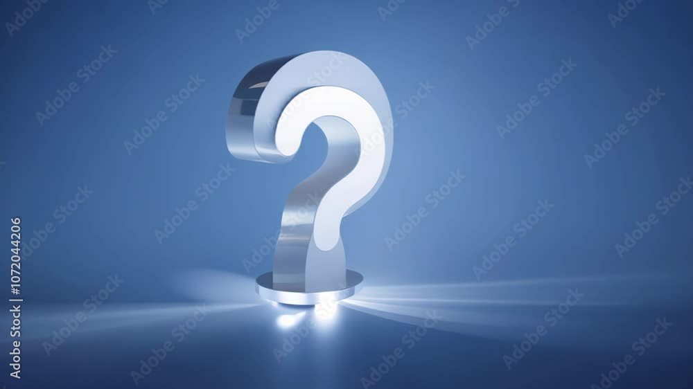Glowing blue question mark standing on a pedestal in a minimalist scene. Glowing blue question mark standing on a pedestal in a minimalist scene.