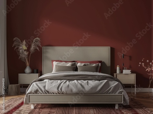 Wallpaper Mural Modern bedroom with a dark red wall. a gray bed. a rug. two plants. and two bedside tables Torontodigital.ca
