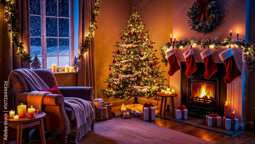 Obraz premium Cozy Holiday Living Room With a Christmas Tree, Fireplace, and Festive Decorations at Night