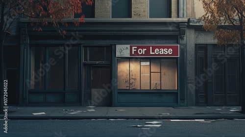 A storefront with a 'For Lease' sign in the window. The windows are boarded up, and the street is empty. The sign is in a red and white color scheme.