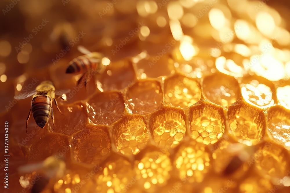 Close-Up Nature Shot of Bees Tending to Hive with Golden Honeycomb Close-Up Nature Shot of Bees Tending to Hive with Golden Honeycomb