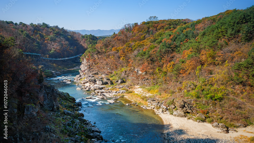 Autumn scenery of the Hantan River Columnar Joint Road, with canyons and cliffs formed by the river flowing through the volcanic terrain. (emerald water, blue sky and colorful leaves) Autumn scenery of the Hantan River Columnar Joint Road, with canyons and cliffs formed by the river flowing through the volcanic terrain. (emerald water, blue sky and colorful leaves)