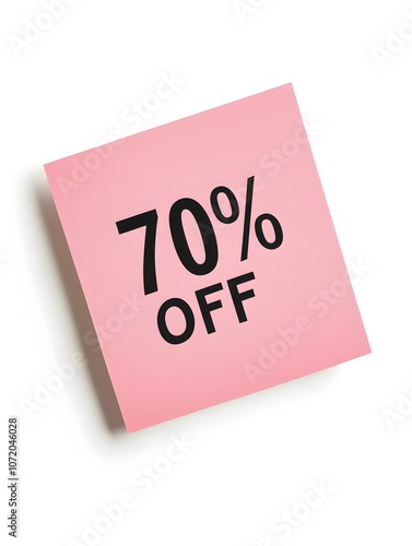 Black '70% OFF' Text on a Light Pink Square Paper Note. White Background 