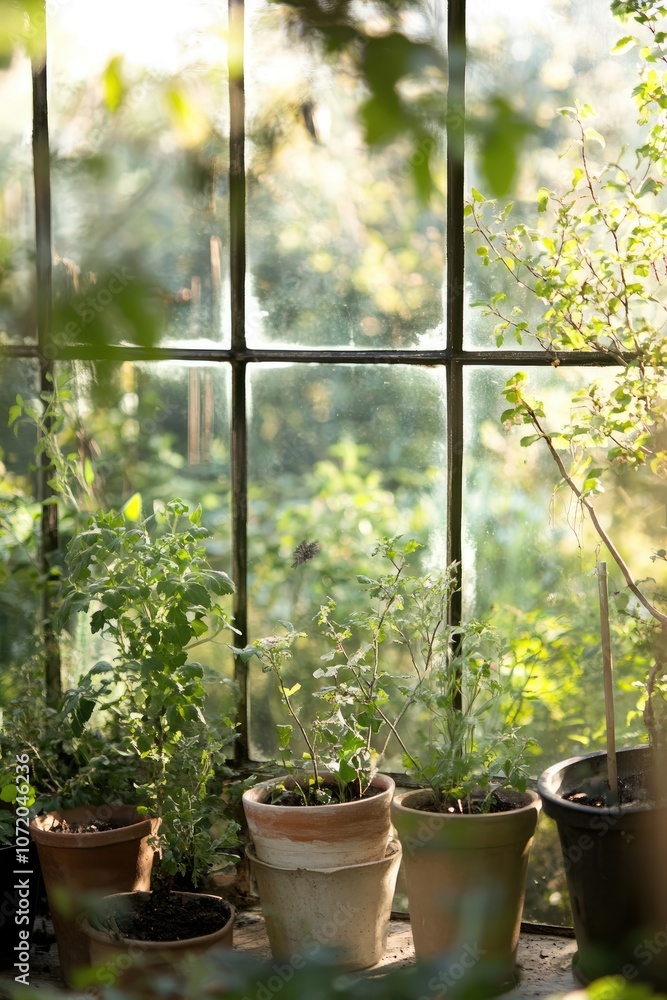 Charming Greenhouse Garden with Rustic Pots and Soft Natural Lighting Charming Greenhouse Garden with Rustic Pots and Soft Natural Lighting