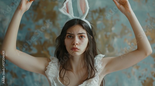 A woman wearing a white dress and bunny ears, ready for a playful occasion