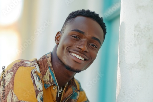 A young man smiling and leaning against a wall