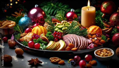 Christmas-themed food platter with decorations on wooden background photo