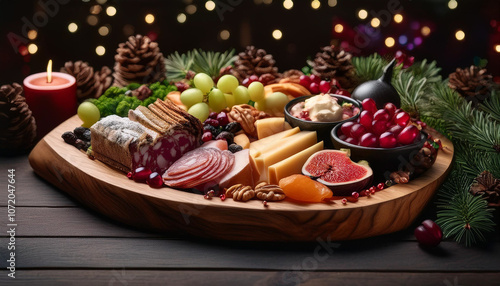 Christmas-themed food platter with decorations on wooden background photo