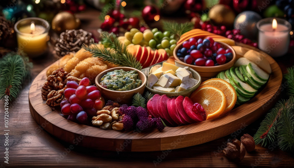Christmas-themed food platter with decorations on wooden background Christmas-themed food platter with decorations on wooden background