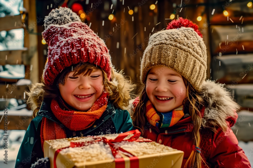 Children Joyfully Unwrapping a Gift in the Snowy Landscape During Winter Festivities Children Joyfully Unwrapping a Gift in the Snowy Landscape During Winter Festivities