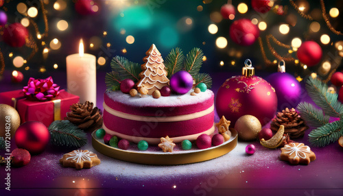 Modern Christmas-themed cake and cookies with decorations photo