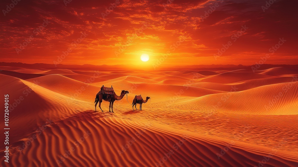 Two camels walk through the desert sand dunes at sunset with a fiery orange sky. Two camels walk through the desert sand dunes at sunset with a fiery orange sky.