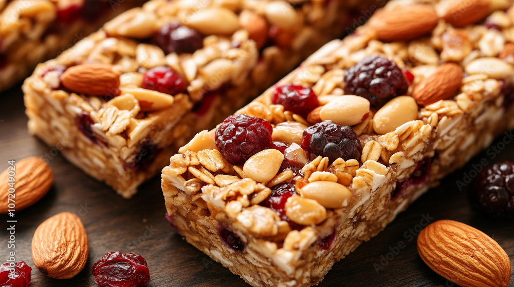 granola bars with almonds, seeds, and dried fruits, symbolizing healthy living, nutrition, and energy. Perfect for active lifestyles, meal prep, or snack food advertising granola bars with almonds, seeds, and dried fruits, symbolizing healthy living, nutrition, and energy. Perfect for active lifestyles, meal prep, or snack food advertising