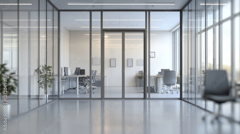 Obraz premium Blurred office interior background with a blurred door and glass wall, blurry bokeh light effect for a business concept design. High-quality photo, taken with a telephoto lens in realistic daylight. 