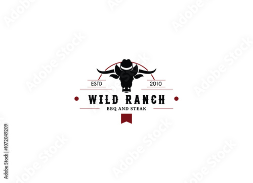 buffalo skull longhorn western vintage badge logo design.  retro bull skull illustration. cowboy native american emblem